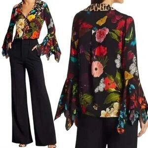 ALICE + OLIVIA Butterfly Floral Print Trumpet Sleeve Blouse Whimsy Fairy Garden